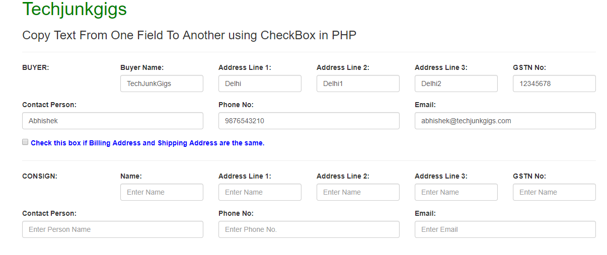 Copying text from one field to another using check box with javaScript and PHP